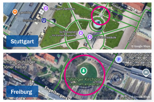 Karte vom Schlossplatz Karlsruhe oben mit dem Standort an der Jubil&auml;umss&auml;ule und der Karte des St&uuml;hlinger Kirchplatz in Freiburg unten