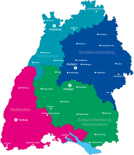 Kartenansicht von Baden-Württemberg zeigt die vier Bezirksverbände des Landesverbandes sowie die 34 VdK-Beratungsstellen