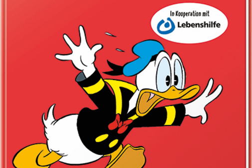 Cover des Comics in leichter Sprache, ein roter Einband, darauf ist Donald Duck abgebildet.