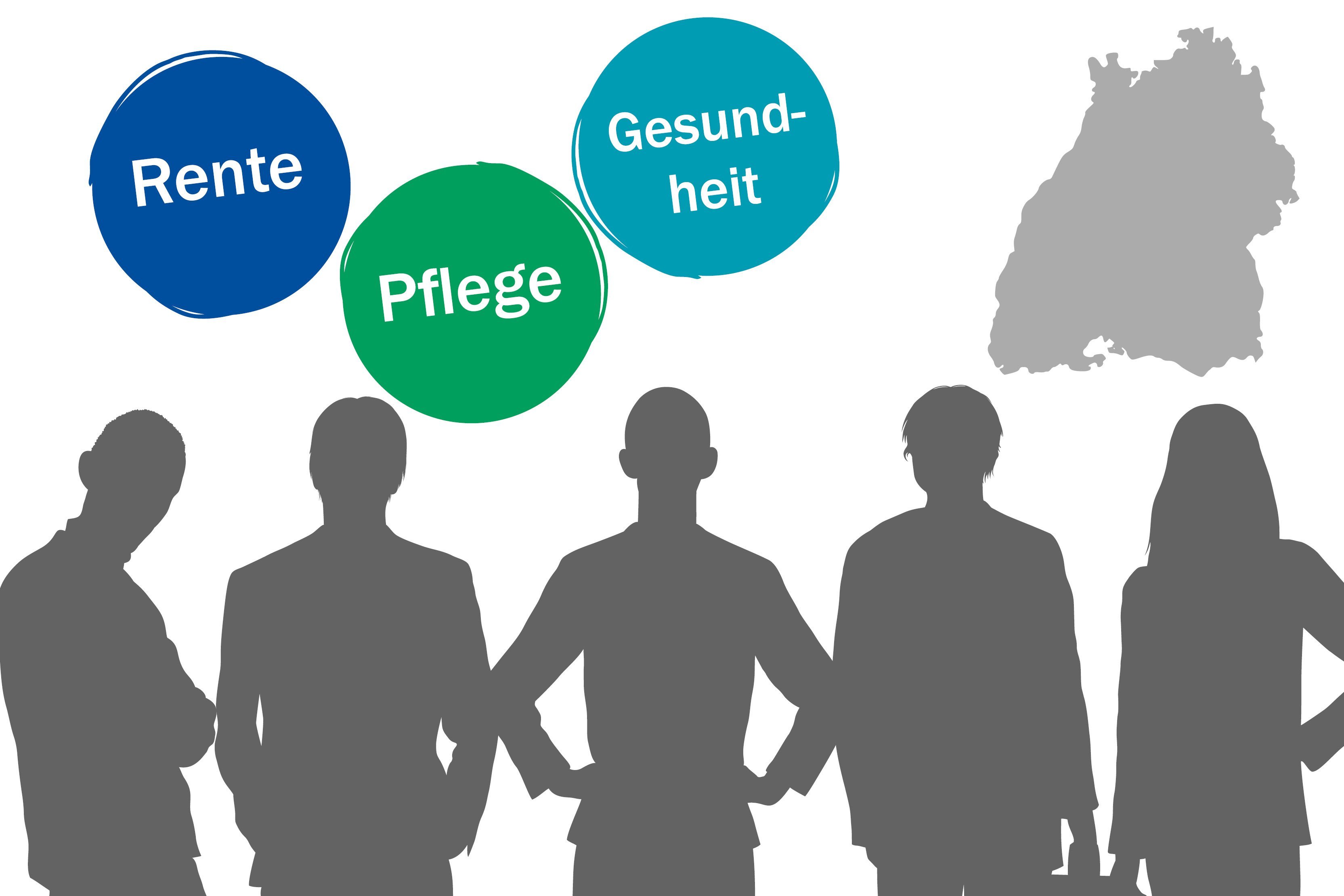 Interview: 3 Fragen an die Spitzenkandidaten in Baden-Württemberg zu Rente Pflege und Gesundheitssystem Graue Silhouetten von 5 Personen, hinter ihnen ist eine Karte von Baden-Württemberg zu sehen sowie 3 Kreise jeweils mit der Aufschrift "Rente", "Pflege" und "Gesundheit"