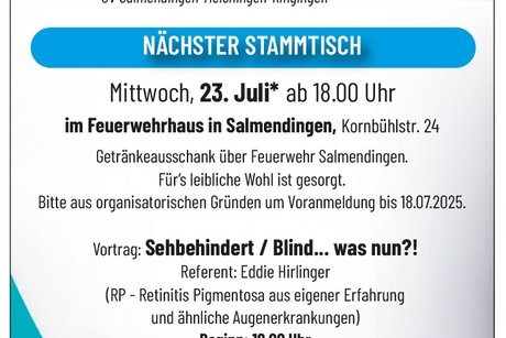VdK Stammtisch am 23.Juli. 2025 Vortrag: Sehbehindert / Blind ... was nun?!