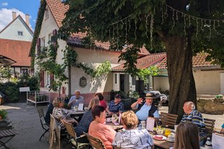 Bild zeigt die Gruppe im Freien unter einem Baum sitzend