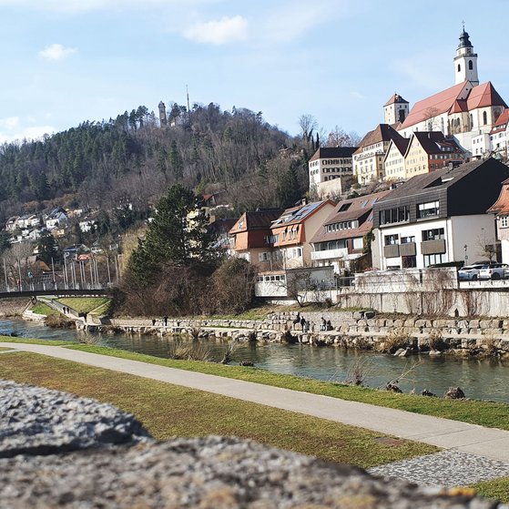 Horber Neckarufer mit Neckarsteg und Stiftskirche - im Hindergrund den Sch&uuml;tteberg mit Sch&uuml;tteturm von der Christopherusbr&uuml;cke aus fotografiert.