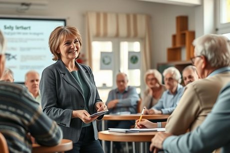 Vortragsszene. Frau mittleren Alters referiert vor Senioren.