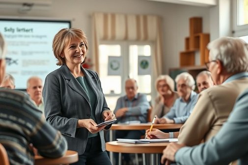 Vortragsszene. Frau mittleren Alters referiert vor Senioren.