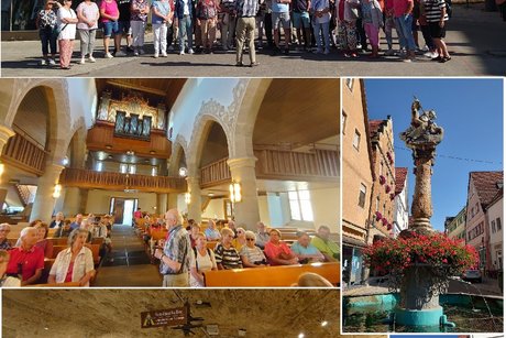 Collage VdK Rauenberg in Bönnigheim Collage VdK Rauenberg in Bönnigheim, 3 Gruppenbilder in der Stadt, in der Kirche und bei der Schnapsprobe, Einzelbilder von Bönnigheim: Brunnenstehle mit roten Geranien, Gasthausschild Ratsstübel