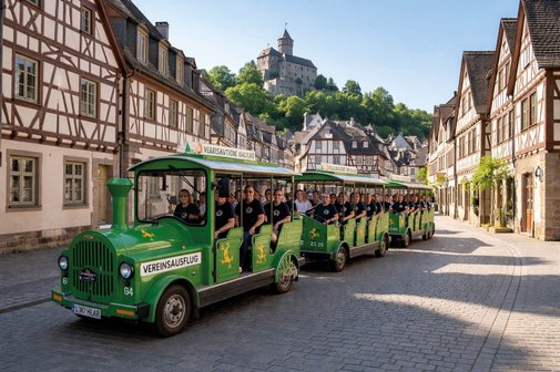 Wertheim mit Geckobahn. Vordergrund B&auml;hnle. Hintergrund Schloss Wertheim