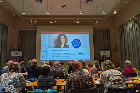 Blick in den Vortragssaal von hinten auf mehrere Tischreihen mit Konferenzteilnehmenden; vorne zeigt eine Leinwand das Thema der aktuellen Präsentation „Der Entlastungsbetrag“.