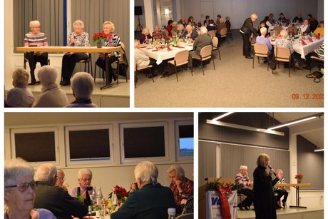 Fotocollage aus vier Bildern: 1. Drei ältere Frauen sitzen an einem Tisch auf einer Bühne. 2. Saal mit mehreren Tischen, an denen Leute sitzen. 3. Nahaufnahme von Leuten an einem Tisch, die sich unterhalten. 4. Frau mit Mikrofon an einem Rednerpult.
