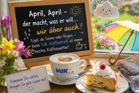 Kaffeegedeck mit Sonnenschirm vor Fenster mit Regen