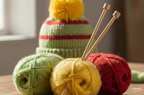 Eine gestrickte Pudelm&uuml;tze hinter drei bunten Wollkn&auml;ueln mit Stricknadeln