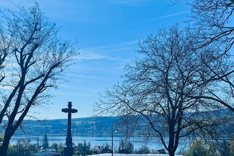 Ein Wegkreuz aus Stein auf der Anh&ouml;he mit noch kahlen B&auml;umen. Im Hintergrund sieht man gro&szlig;e Gew&auml;chsh&auml;user vor der Seekulisse.