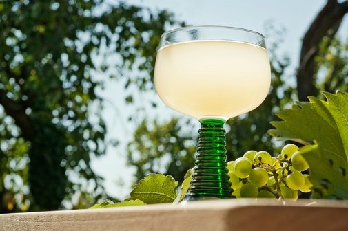 Weinglas mit Weintrauben u. Rebenlaub