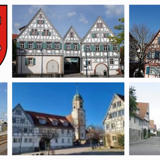 Das Wappen von Ditzingen mit dem Dreigiebelhaus, dass Stadtmuseum im Alten Rathaus, der Bahnhof und der Marktplatz von Ditzingen