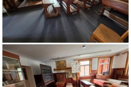 Die Collage zeigt zwei Klassenzimmer aus dem letzten Jahrhundert.