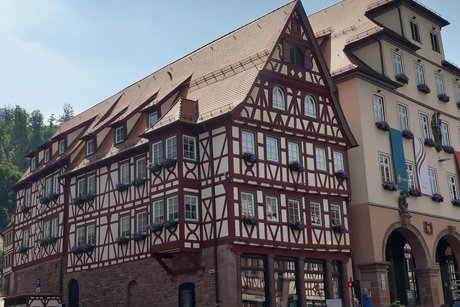 Links ein vierstöckiges weißes Fachwerkhaus mit roten Balken, rechts daneben das Calwer Rathaus mit kleinem Glockenturm.