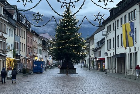 Weihnachtliche Stimmung auf dem Markt mit geschmückter Tanne