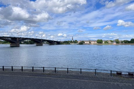 Vom Rheinufer auf Wiesbadener Seite Blick auf die andere Seite mit Mainz und Theodor-Heuss-Br&uuml;cke