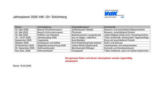 Jahresprogramm 2026 des VDK Schömberg x
