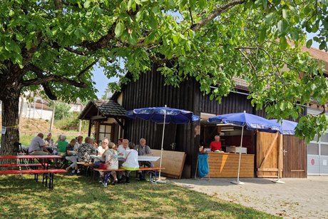 Gemütlicher Hock am Biertisch und alten Bäumen