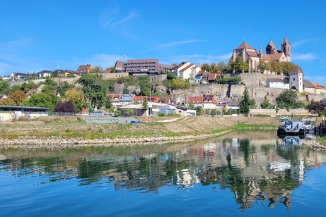 Blick auf Breisach und den Rhein. Der wundersch&ouml;ne Altstadt-H&uuml;gel spiegelt sich im stillen Flusswasser.