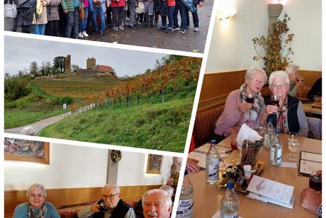 Fotocollage aus vier Bildern: 1. Reisegruppe, 2. Burgruine, 3. Zwei Herren und eine Dame an einem Tisch, 4. Zwei Frauen stoßen mit einem Glas Wein an.
