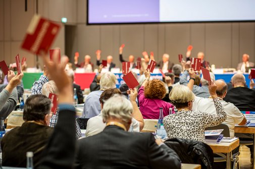 Delegierte des Landesverbandes strecken zur Abstimmung eine rote Karte hoch