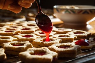 Herstellung von weihnachtlichem Gebäck. Eine Hand füllt Sterngebäck mit Füllung