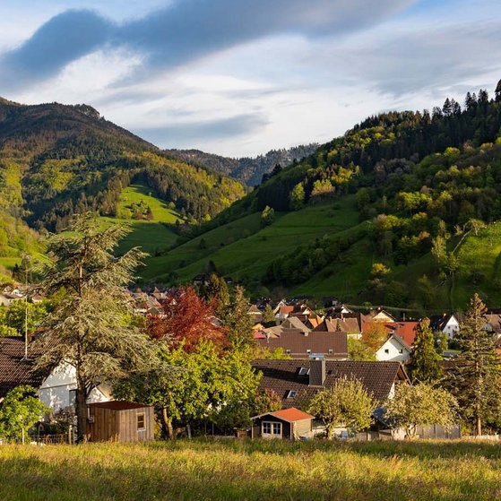 Fr&uuml;hlingsbeginn M&uuml;nstertal mit Blick auf den Belchen mit Schneeresten sonnig-wolkig