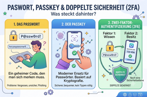 Einladung zum Vortrag "Passwort, Passkey und doppelte Sicherheit (2FA) – was steckt dahinter?" Hier ist eine mit KI generierte Bildkomposition als Einladung zum Vortrag zu sehen