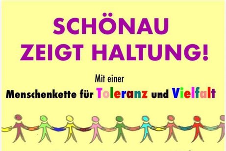 Plakatpart zur Menschenkette - Sch&ouml;nau zeigt Haltung mit gezeichneten Menschen, die sich mittels Schals halten in einer Reihe