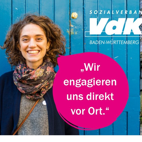 Symbolbild des OV zeigt auf der rechten Seite das Rathaus mit Wappen von Offenau, in der Mitte das VdK Emblem mit eine jungen Frau und links die Ansicht des Rathaus in Gundelsheim