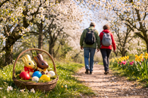 Osterspaziergang unter bl&uuml;henen B&auml;umen und Osternest