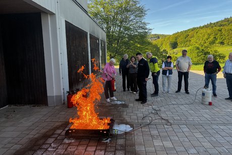 &Auml;ltere Dame, die mit dem Feuerl&ouml;scher ein Feuer l&ouml;scht