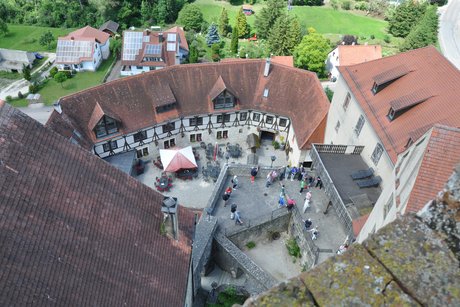 Burghof mit Gaststätte vom Turm aus gesehen