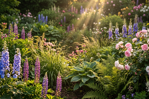 Eine detaillierte Aufnahme eines &uuml;ppigen, dichten Sommergartens, der von warmem, goldenem Sonnenlicht durchflutet wird. Im linken Vordergrund stehen hohe, &auml;hrenf&ouml;rmige Bl&uuml;tenst&auml;nde von Lupinen in tiefen Blau- und Violettt&ouml;nen. Rechts davon bl&uuml;hen B&uuml;sche mit zartrosa und cremewei&szlig;en Rosen. Im Zentrum wachsen gro&szlig;e, dunkelgr&uuml;ne Farne und Funkien (Hosta). Von rechts oben brechen ausgepr&auml;gte Sonnenstrahlen (Lichtstrahlen/God Rays) durch die Bl&auml;tter, erleuchten einzelne Grashalme und Bl&uuml;ten und erzeugen ein Gef&uuml;hl von magischer Tiefe. Die Vegetation ist dicht und vielf&auml;ltig, mit weiteren verschwommenen Bl&uuml;ten im Hintergrund. Die Szene ist wild und naturbelassen, was eine friedliche und verzauberte Atmosph&auml;re schafft.