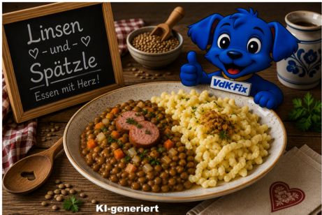 Linsen mit Sp&auml;tzle und Saitenw&uuml;rstle