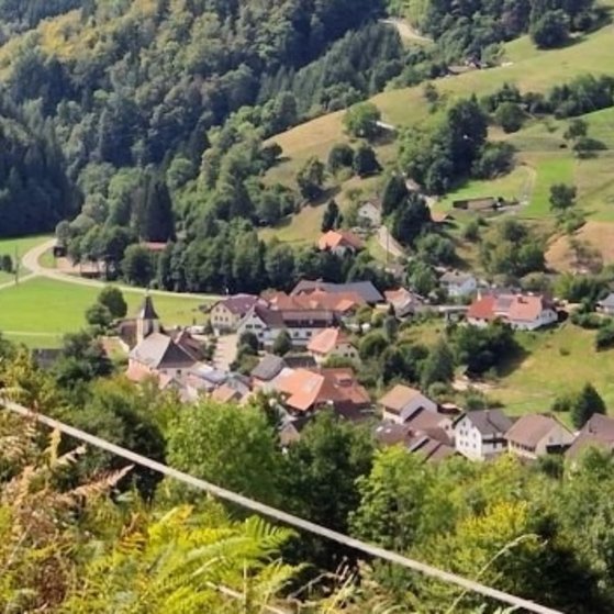 Auf dem Landschaftsbild ist der Ort Wies mit seiner evangelischen Kirche zu sehen. Die Aufnahme entstand im September 2026, satte gr&uuml;ne Wiesen und B&auml;ume umrahmen den Ort.