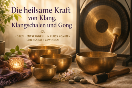 KI-Bild: Klangschalen, Gong & Text