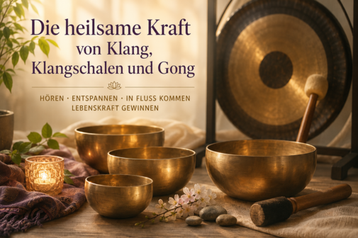 KI-Bild: Klangschalen, Gong & Text