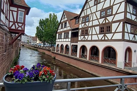 Altstadt Erbach, Br&uuml;cke in der Mitte ein Fluss, am Rand Fachwerkh&auml;user