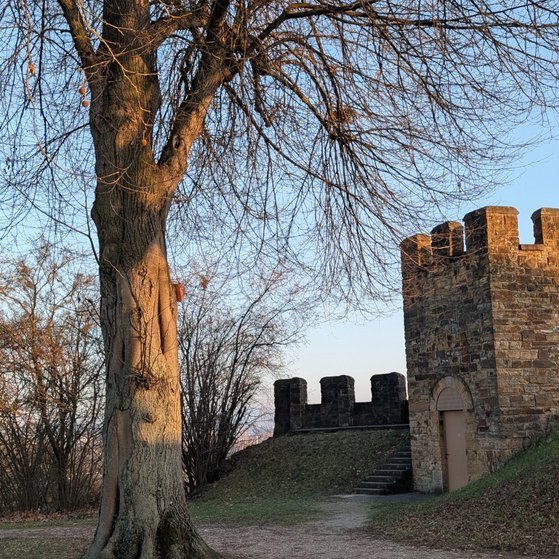 Viereckiger Turm mit angrenzender Mauerruine, links daneben eine römische Säule. Im Vordergrund stehen zwei Bäume. Die Szene ist in warmes, goldfarbenes Licht der Viereckiger Turm mit angrenzender Mauerruine, links daneben eine römische Säule. Im Vordergrund stehen zwei Bäume. Die Szene ist in warmes, goldfarbenes Licht der Abendsonne getaucht.getaucht.