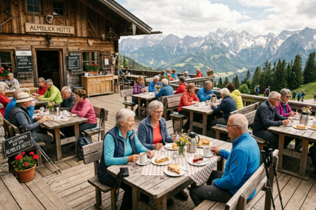 Senioren sitzen bei Kaffe und Kuchen auf einer Bergh&uuml;tte
