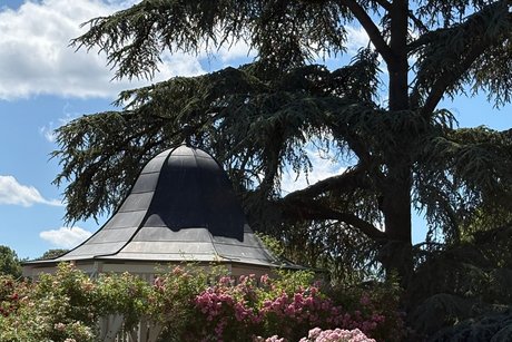 Man sieht in den Rosengarten mit Pavillon und gro&szlig;en B&auml;umen, Rosen