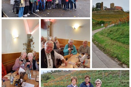 Fotocollage aus fünf Bildern: 1. Reisegruppe, 2. Burgruine, 3. Zwei Frauen stoßen mit einem Glas Wein an, 4. Mehrere Personen an einem Tisch, 5. Drei Damen lächeln nebeneinander draußen in die Kamera.