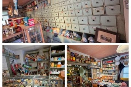 Die Collage zeigt drei Bilder im Tante Emma Laden im Schulmuseum