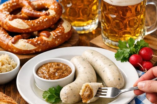 Stammtisch mit Weißwurst darf nicht fehlen - die Weißwurst mit Brezel.