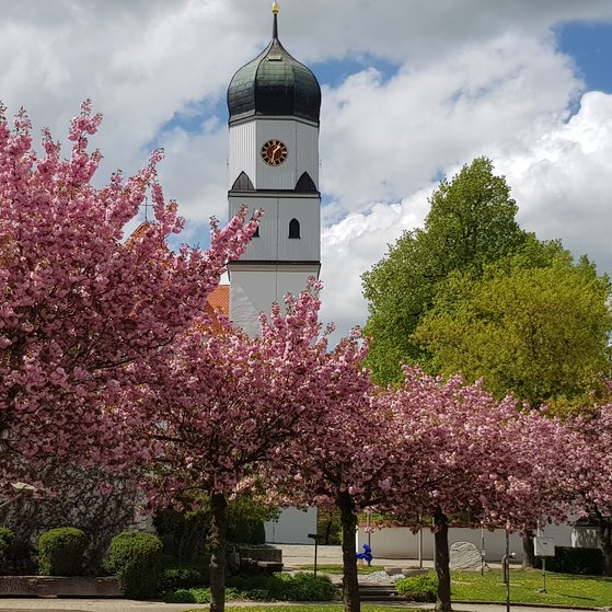 Ortsmitte von Westerheim mit Kirche und Haus des Gastes