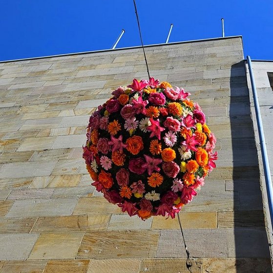 Eine gro&szlig;e Bl&uuml;tenkugel h&auml;ngt &uuml;ber der Fu&szlig;g&auml;ngerzone von Konstanz