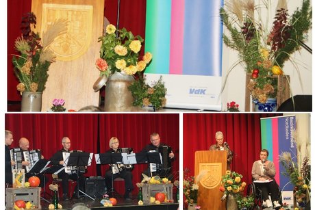 Bildercollage vom Sozialpolitischen Tag in der Kulturhalle Rauenberg, Pr&auml;sidentin des VdK Deutschlan Frau Verena Bentele und Amtsverwalterin Frau H&uuml;tt-Berger am Rednerpult, Ensembel des Akkordeonclubs "Kurpfalz", G&auml;ste in der vollbesetzten Halle